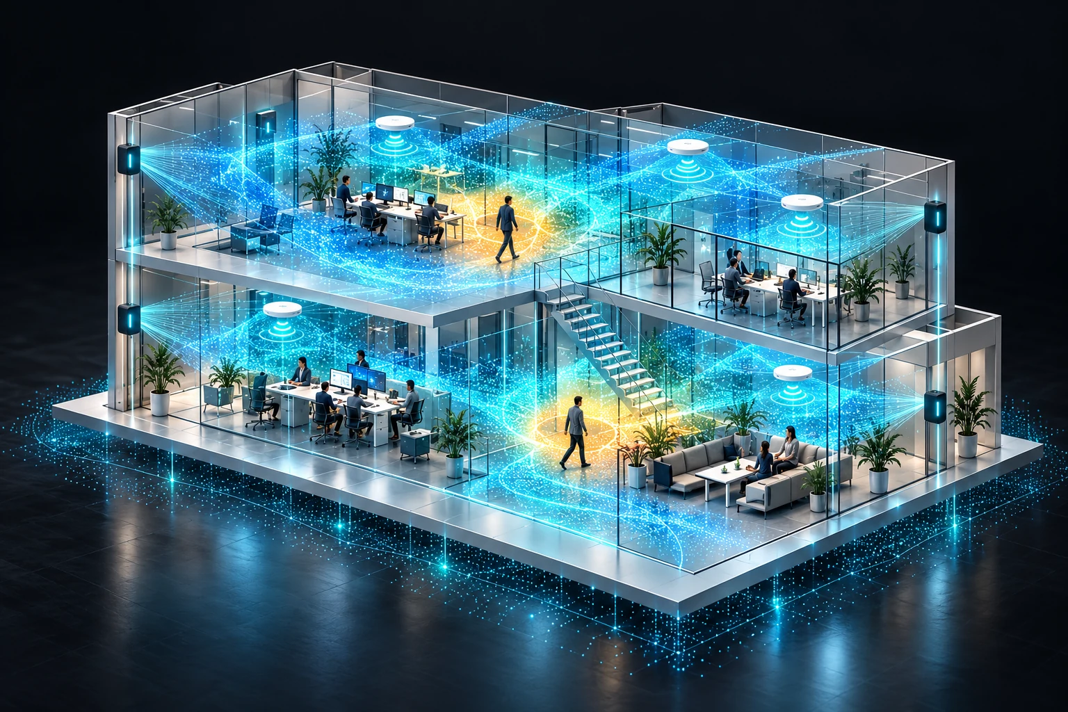 RadioAtlas Live 产品概念主视觉,展示两层建筑、固定观测节点与无线场